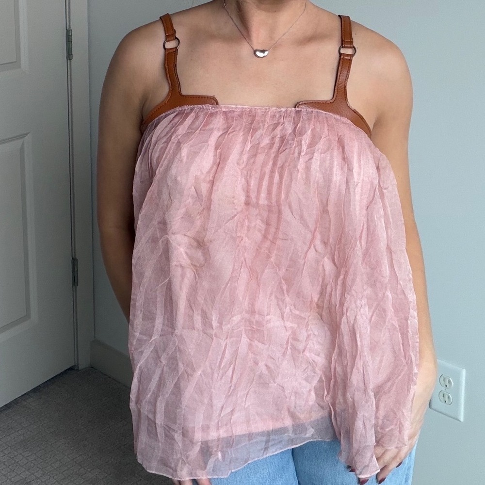 Paper‎ Tee Flowy Fit Pleated Vegan Leather Strap Top Size Large